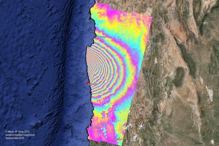 A composite image of an earthquake in Chile of interferometer and Landsat imagery.