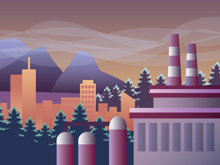 image of factory, city skyline, and poor air quality