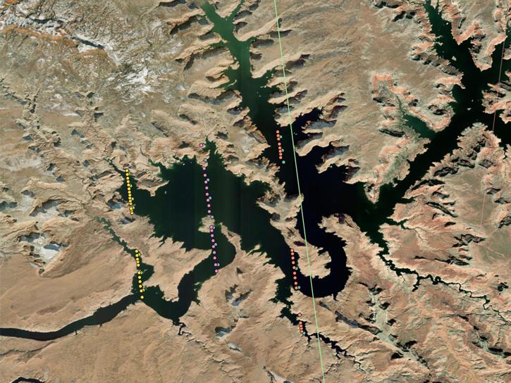 Location of NASA ICESat-2 (ATL13) data (Inland Water Product) from April 25, 2023 over Lake Powell, Utah, United States, viewed in OpenAltimetry.