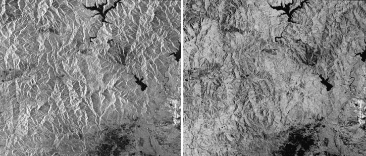 These images show before and after: Before radiometric terrain correction (RTC), Klamath Mountains in northern California appear stretched on one side and compressed on the other (left). RTC (right) moves pixels to unstretch the mountains and adjusts pixel values to subtract the effect of slopes on brightness. Left: © JAXA/METI 2008; right: ASF DAAC 2016; Includes Material © JAXA/METI 2008. 