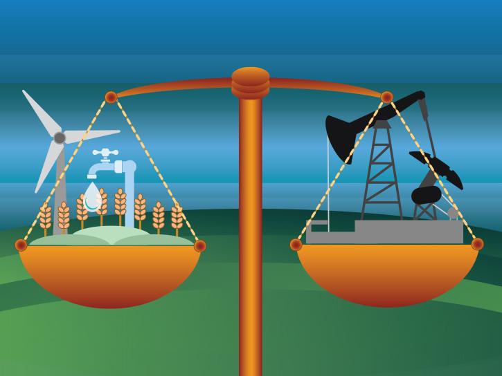 illustration of scale with clean wawter, crops, and windmill on one side and ground oil pump on the other