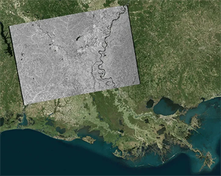 This Sentinel-1 image capturing the Mississippi River has been processed into a GIS-compatible format and imported for ease of use. Credit: Copernicus Sentinel data 2017, processed by ESA.