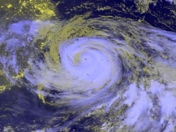 Black Marble Nighttime Blue/Yellow Composite (Day/Night Band) false-color image shows Typhoon Khanun nearing Taiwan on August 2, 2023.