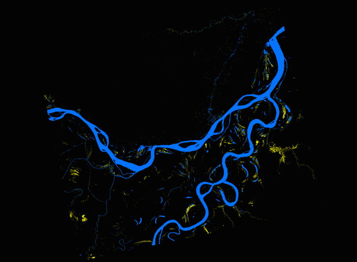 This image shows the frame of an animation of inundation in the Amazon rain forest. Credit: Chapman, Guritz 2016; RTC: ASF 2015; Includes Material ©JAXA/METI 2007.