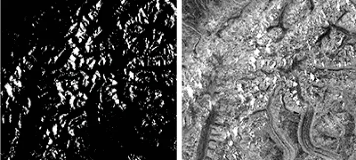 A portion of the Alaska Range in Denali National Park in (A) RTC Gamma0 Image, (B) Amplitude Image, (C) dB Power Image. Credit: ASF DAAC 2016; Includes Material ©JAXA/METI 2006.