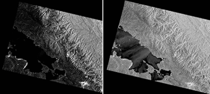 This image provides before and after RTC of the Bolivian mountains (left -before, right - after)