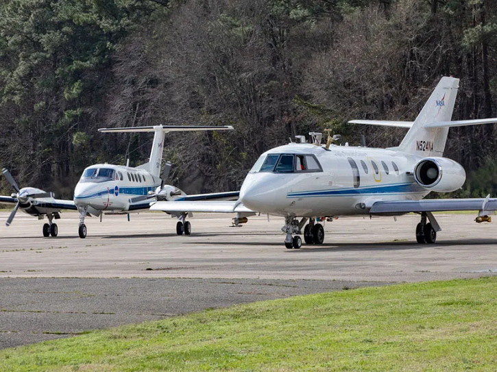 NASA’s King Air (left) and Falcon (right), the two aircraft used in the Aerosol Cloud Meteorology Interactions over the Western Atlantic Experiment (ACTIVATE) airborne field campaign.