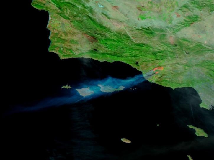 False-color corrected reflectance image of the Mountain Fire in Ventura County, California on November 6, 2024 from the VIIRS instrument aboard the NOAA-20 satellite.
