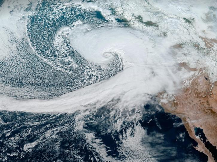 GeoColor reflectance image of a bomb cyclone bringing an atmospheric river of moisture to the Pacific Northwest US on 19 November 2024 at 20:20 UTC