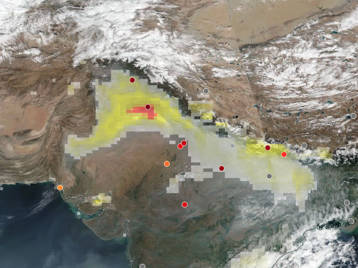 Base corrected reflectance image with aerosol index acquired on November 12, 2024, by the Suomi NPP/VIIRS instrument overlaid with AERONET sites showing ground-based aerosol optical depth measurements.