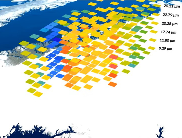 Image of colored squares over the Arctic; wavelength scale on right