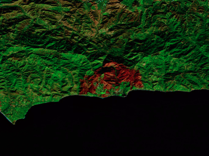 False-color reflectance image of burned area from the Franklin Fire, Malibu, California on December 18, 2024 from the MSI instrument aboard ESA's Sentinel-2B platform.