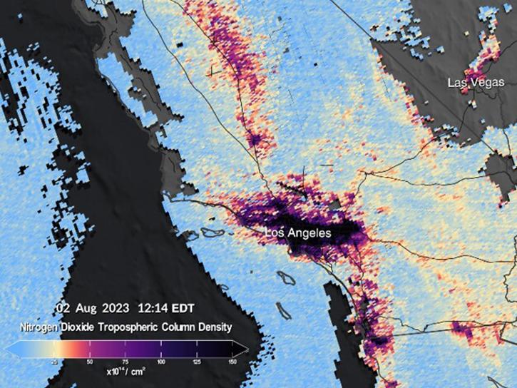 The Tropospheric Emissions: Monitoring of Pollution (TEMPO) instrument collected its “first light” measurements of nitrogen dioxide air pollution over North America on August 2, 2023. This image shows TEMPO measurements of nitrogen dioxide over Southern California at 12:14 pm EDT.