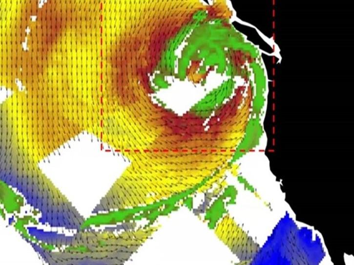 A visualization of COWVR wind speed and direction data during a bomb cyclone in November 2024. 