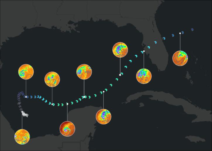This image shows Hurricane Milton’s storm path between October 5-10, 2024 using Time-Resolved Observations of Precipitation structure and storm Intensity with a Constellation of Smallsats (TROPICS) Level 1B Brightness Temperature and International Best Track Archive for Climate Stewardship database from NOAA’s National Centers for Environmental Information (NCEI) datasets. 