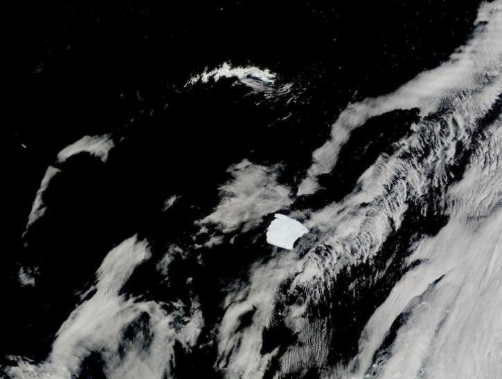 True-color corrected reflectance image of a very large iceberg A23A moving toward South Georgia Island in Antarctica from the MODIS instrument aboard the Terra satellite
