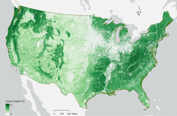 ICESat-2 30-meter gridded canopy height map across the contiguous US based upon ICESat-2 canopy heights and ancillary Landsat, LANDFIRE and topographic variables for 2020. 