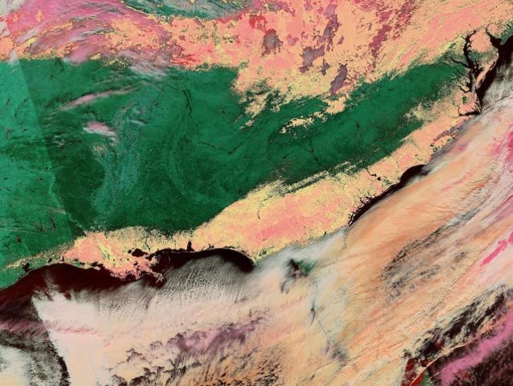 False-color corrected reflectance image overlaid with a snow cover index of snow across the Southern US on 22 January 2025 from the VIIRS instrument aboard the NOAA-20 satellite