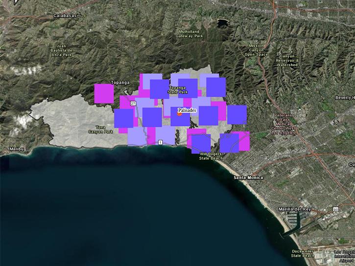 This rectangular image shows the location of satellite-based fire detection targets overlaid on visible imagery of the Los Angeles area landscape. In the center of the image over Pacific Palisades, CA, are nearly 30 pink, light purple, and purple squares showing the location of suspected fires.