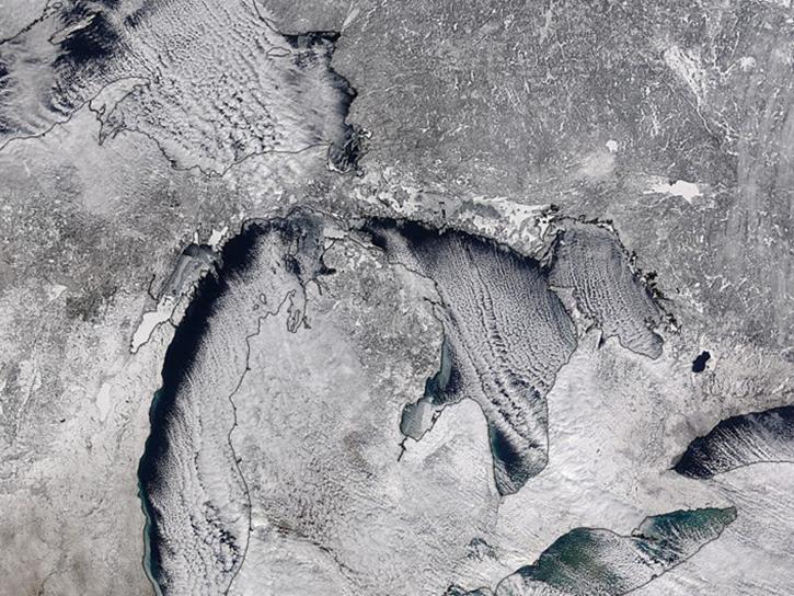 NASA LANCE Terra/MODIS true color image of cloud sheets and snow on the Great Lakes acquired on February 11, 2016