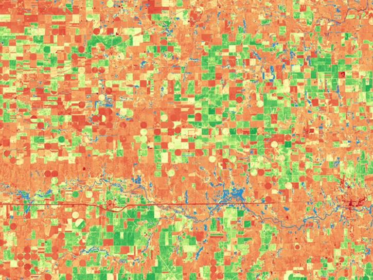 A year of NDVI (Normalized Difference Vegetation Index) data around Cunningham, Kansas, in the center of the state. Cunningham, in the lower center of the video, is just north of U.S. Route 400 and south of the Ninnescah River. The city of Pratt is to the west and the Kingman State Fishing Lake and Wildlife Area can be seen to the east.  In this visualization, red is bare soil and green indicates healthy, growing vegetation. The animation runs from January 1 to December 30, 2016.