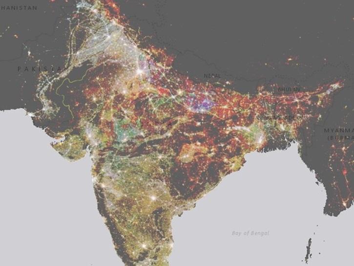 This image of Visible Infrared Imaging Radiometer Suite (VIIRS) Plus Defense Meteorological Satellite Program (DMSP) Change in Lights (VIIRS+DMSP dLIGHT), v1 (1992, 2002, 2013) data from SEDAC's POPGRID Viewer shows change in nighttime lights data within India between 1992 and 2013.