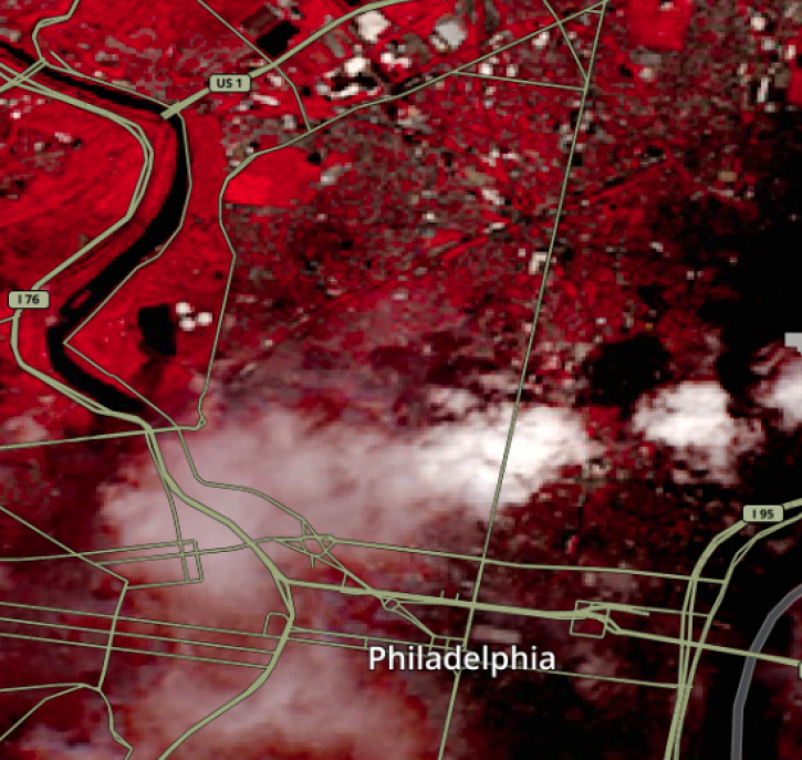 This image shows Reflectance imagery of Philadelphia, PA on July 28, 2022 from Landsat 8/9 OLI (Color Infrared, Bands 5-4-3)
