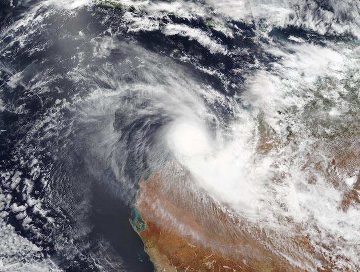True-color corrected reflectance image of Tropical Cyclone Zelia approaching western Australia on February 13, 2025 from the VIIRS instrument aboard the joint NASA/NOAA NOAA-20 satellite