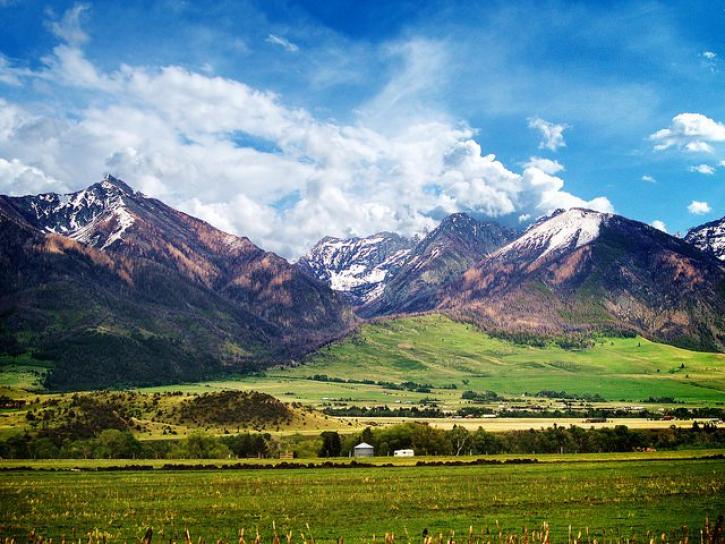 Corwin Springs, MT, showing mountains, cropland and forest.