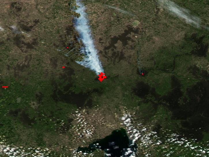 MODIS image showing a red color identifying fires in the area from the 8 day period of September 30 – October 7, 2015 using the Thermal Anomalies and Fire product