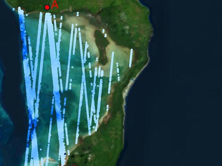 This true-color image of Kiriwina Island in in Papua New Guinea shows the 55 tracks of ATL24 bathymetry data.