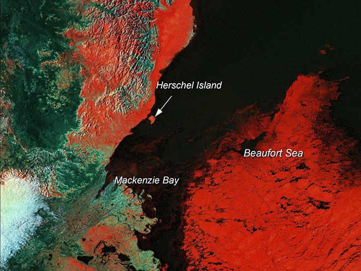 sea ice over the Beaufort Sea and surrounding area using the band combination 3-6-7.
