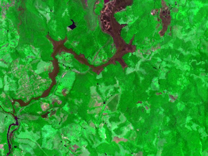 The ASTER L1BE image from January 31, 2019, shows how drastically the flow of muddy waste material (seen in brown) has redrawn the landscape