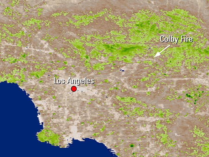 A view of the study area and Colby Fire from Myoung and others (2018) is shown in this Aqua MODIS 16-day enhanced vegetation index (EVI)
