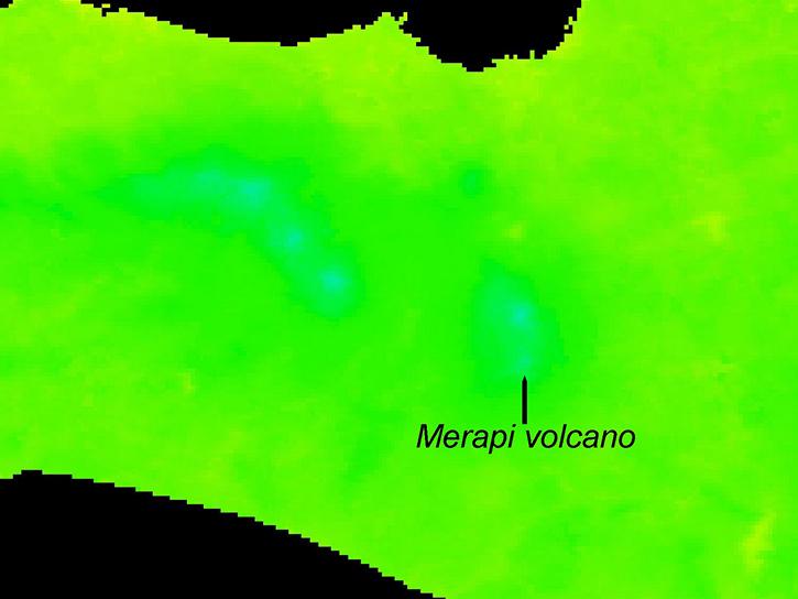 The crater of Merapi, shown with Terra MODIS nighttime LST data