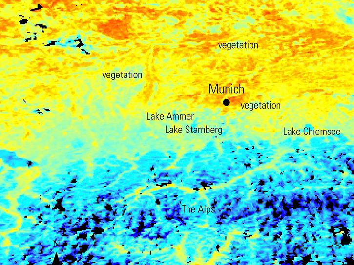 MODIS daytime LST image of Munich, Germany, and the surrounding area during the 2003 heatwave. The blue color indicates colder temperatures. Patches of pale blue areas among the yellow, orange, and red areas indicate locations of vegetation