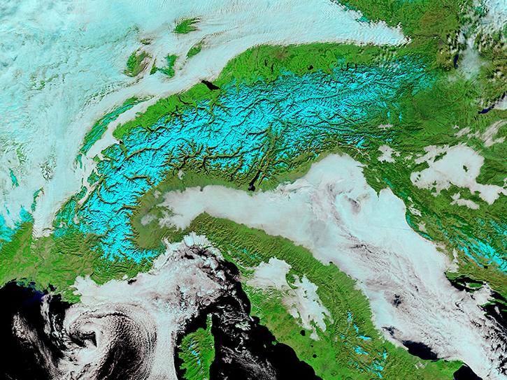 MODIS satellite image of snow cover in the Alps