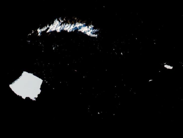 True-color corrected reflectance image of Icebergs A23a and A23c near the South Georgia Island, Antarctica on 3 May 2025 from the VIIRS instrument aboard the joint NASA/NOAA NOAA-21 satellite.