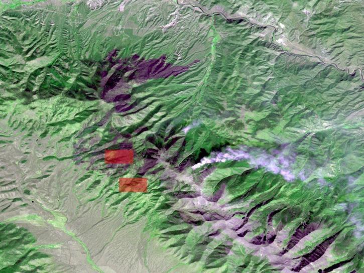 Suomi NPP NASA VIIRS Thermal Anomalies and Fire data (red) of the Decker Fire from September 9 overlaid on Terra ASTER Precision Terrain Corrected data of the Decker Fire from October 12
