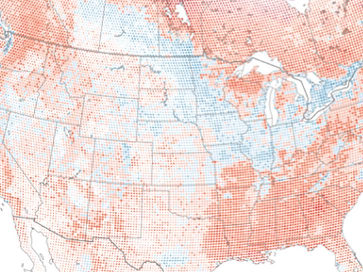 This map, which is a segment of a larger map, shows  changes in avian abundance in portions of the United States and Canada. Red colors indicate declining abundance, whereas blue indicates increasing abundance.