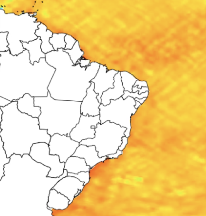 Image from the H2Plastic Dashboard showing microplastic concentrations along the coast of Brazil visualized by the H2Plastic team using CYGNSS data.