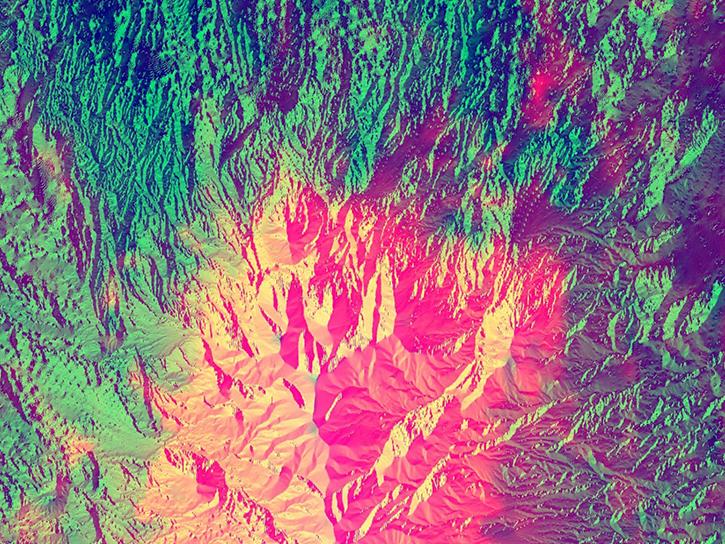 Suomi NPP NASA VIIRS NDVI data over the Henry Mountains in southern Utah from late June 2019, composited with elevation and aspect data from the National Elevation Dataset