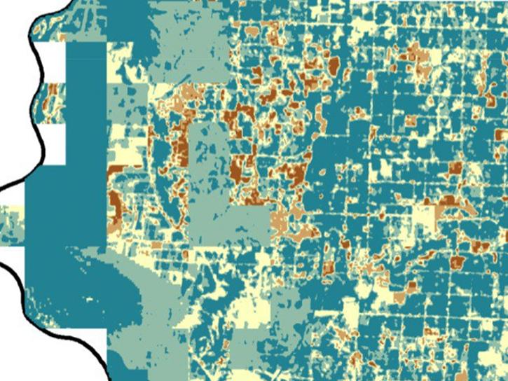 An ECOSTRESS-based Evaporative Stress Index (ESI) drought assessment map for Fremont County, Iowa, one week before peak drought created by the DEVELOP team. Brown areas on this image indicates areas of extreme drought.