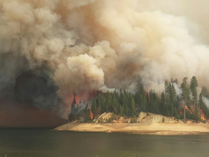 King Fire actively burning through Stumpy Meadows Campground located on Stumpy Meadows Reservoir, CA