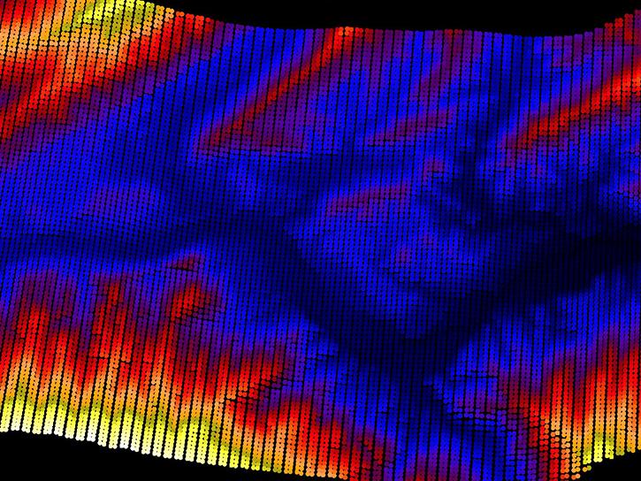 LVIS scanning system generates this pattern that evenly and completely samples the surface below. There are approximately 100 beams across the 2 km wide swath. The colors represent the surface elevation (blue is low, yellow/white is high). 