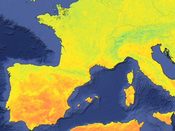 An average of land surface temperature (LST) values for the month of May in Western Europe using the Daily Terra MODIS LST data product