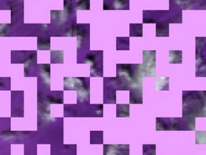 This image is a random mix of pink computered-generated pixel squares, gray-to-white cloud squares, and purple background squares. A majority of the image is colored with pink squares. 