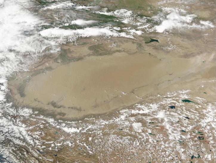 True-color corrected reflectance image of the Taklamakan Desert, Xinjiang, China on 10 June 2025 from the MODIS instrument aboard the Aqua satellite.