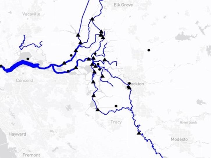 A screen capture from the USGS's Water Information from SPace (WISP) application that shows USGS water gauges and global water monitoring sites.