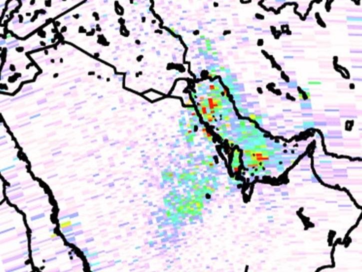 This image is a portion of a larger image showing sulphur dioxide data from the OMI instrument aboard NASA's Aura satellite.